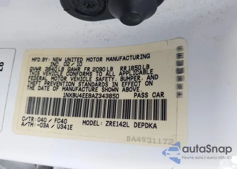 2010 Toyota Corolla Le from USA, damaged, VIN 1NXBU4EE8AZ343850